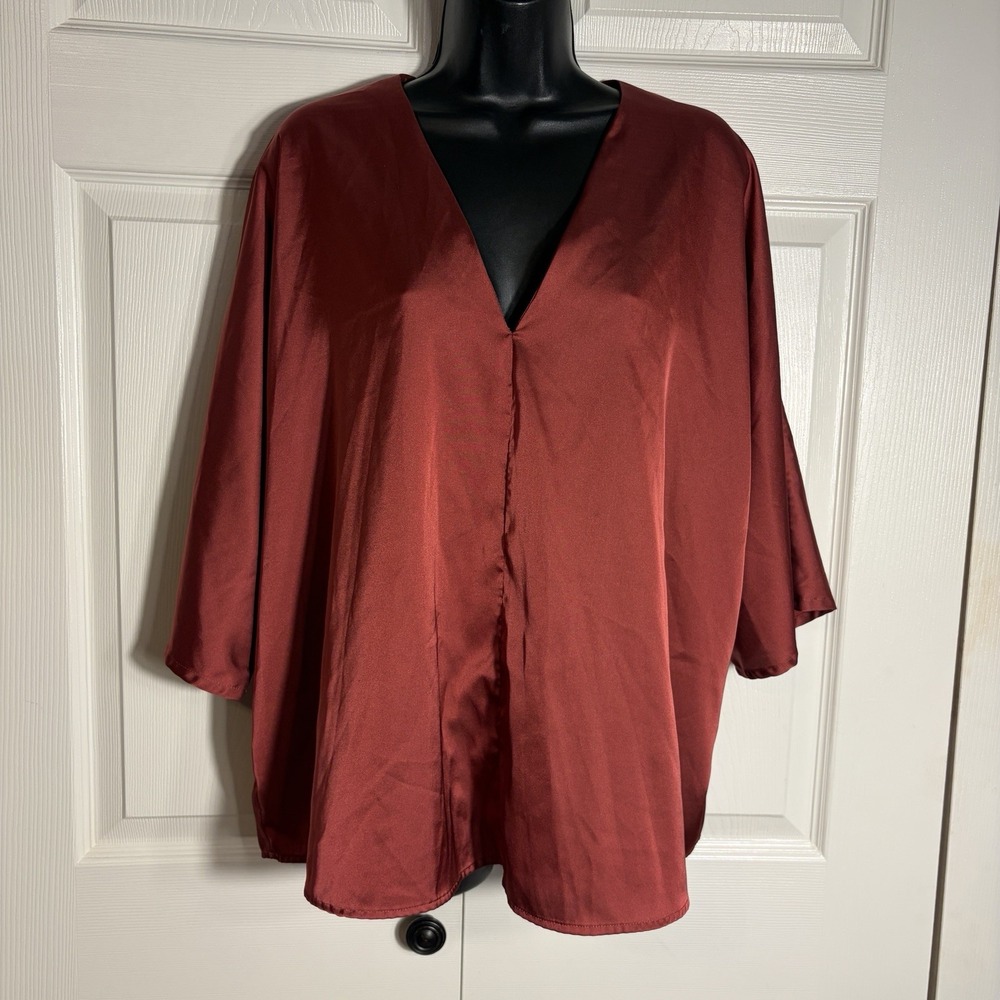 Banana Republic Satin Shirt Women XL Rust Red Kimono Sleeve V Neck Blouse Top